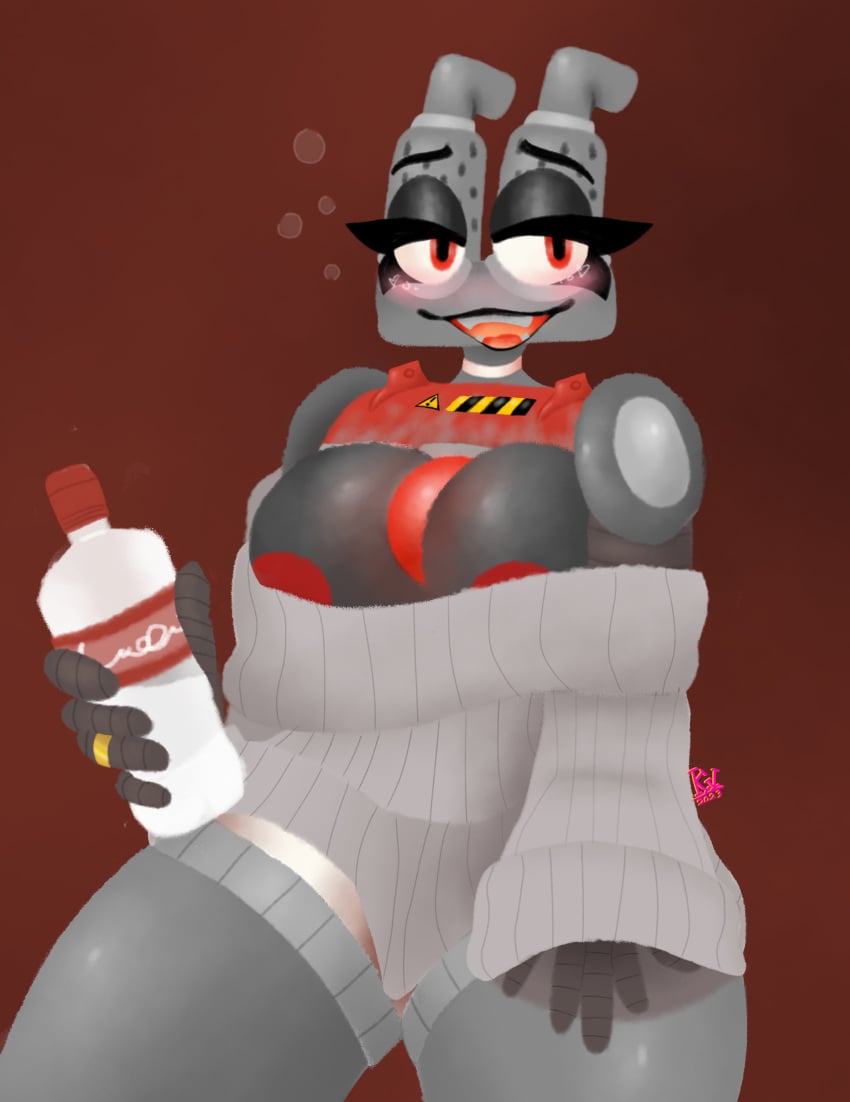 alcohol bedroom_eyes big_breasts blush breasts drunk drunk_bubbles earth_wubbox elaine_wubbox my_singing_monsters robot robot_girl sweater thick_thighs vodka wedding_ring wubbox wubbox_(my_singing_monsters)