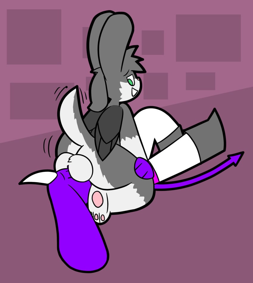 absurd_res anthro balls balls_on_face big_ears clothed clothing demon duo facesitting genitals grape_ad hi_res hybrid lagomorph leporid male male/male mammal pawpads paws purple_body rabbit rotto_(mrrottson) sitting_on_another stultus_(character)