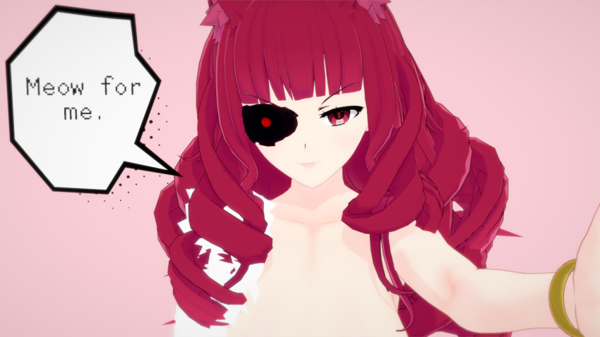 1girls 3d cat_ears cybernetic_eye cybernetics dialogue drill_hair evil_grin evil_smile female female female_focus female_only hand_on_face kemonomimi koikatsu light-skinned_female light_skin long_hair looking_at_viewer naked pov red_eyes red_hair simple_background smile solo solo_female solo_focus spiritofrei stella_hoshii text va-11_hall-a