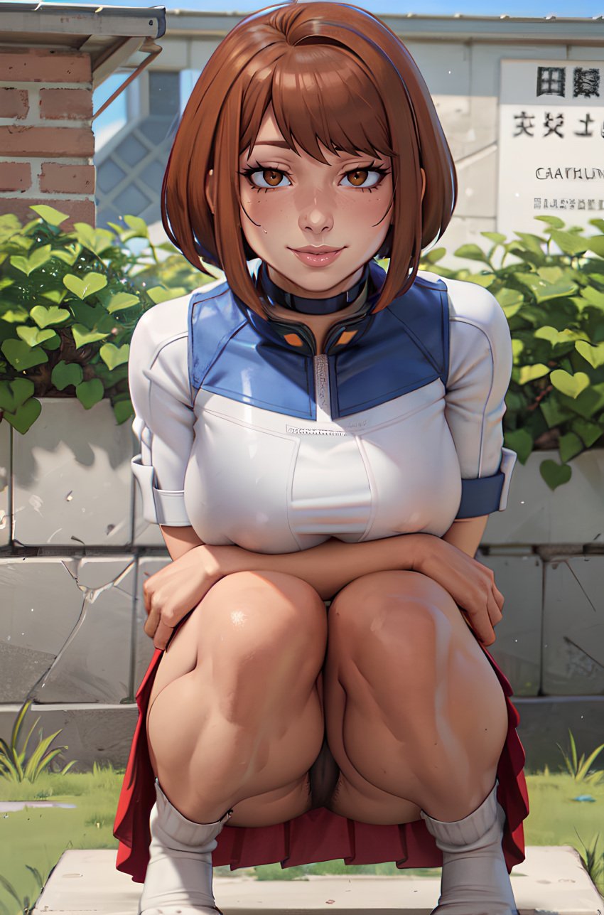 ai_generated ankle_socks anklehighs big_areola big_ass big_butt big_nipples black_panties brown_eyes brown_hair choker crouching cute_face hi_res highres hpeq huge_ass medium_breasts my_hero_academia nipple_bulge nipple_outline nipples_visible_through_clothing ochako_uraraka puffy_nipples pussy_peek school_uniform schoolgirl see-through see-through_clothing see-through_panties skirt smile socks stable_diffusion thick thick_ass thick_lips thick_thighs voluptuous voluptuous_female white_socks