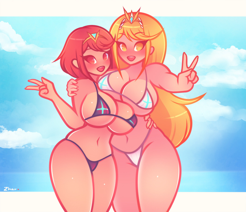 2girls big_breasts bikini black_bikini blonde_hair blue_background blush blushing_at_viewer breast_press breast_squish breasts breasts_bigger_than_head crown hand_on_hip hi_res large_breasts long_hair micro_bikini mythra open_mouth peace_sign pyra red_eyes red_hair short_hair shortstack swimsuit thin_waist water white_bikini wide_hips x-ray xenoblade_(series) xenoblade_chronicles_2 yellow_eyes zharxart