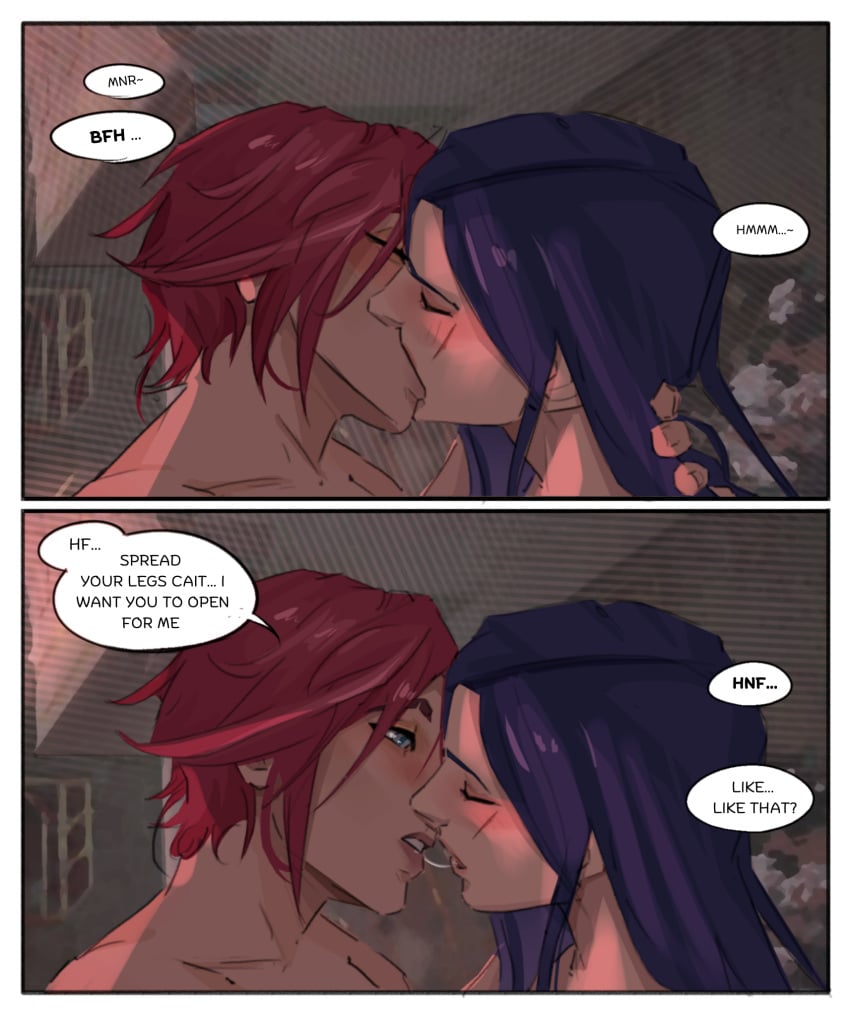 2girls arcane arcane_caitlyn arcane_vi blue_hair blush caitlyn_kiramman comic dialogue hand_on_neck kissing league_of_legends light_skin long_hair looking_at_another pink_hair riot_games saliva_string senekart short_hair vi yuri