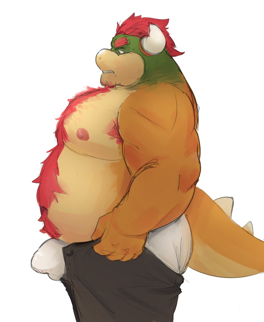 2023 anthro belly big_belly bottomwear bottomwear_pull bowser briefs bulge clothing clothing_pull detailed_bulge hi_res humanoid_hands koopa lentejota6 male male_only mario_(series) meme meme_clothing moobs nintendo nipples overweight overweight_male portrait pulling_up_pants scalie side_view solo tail thick_tail three-quarter_portrait tight_pants_(meme) tighty_whities underwear white_briefs white_clothing white_underwear