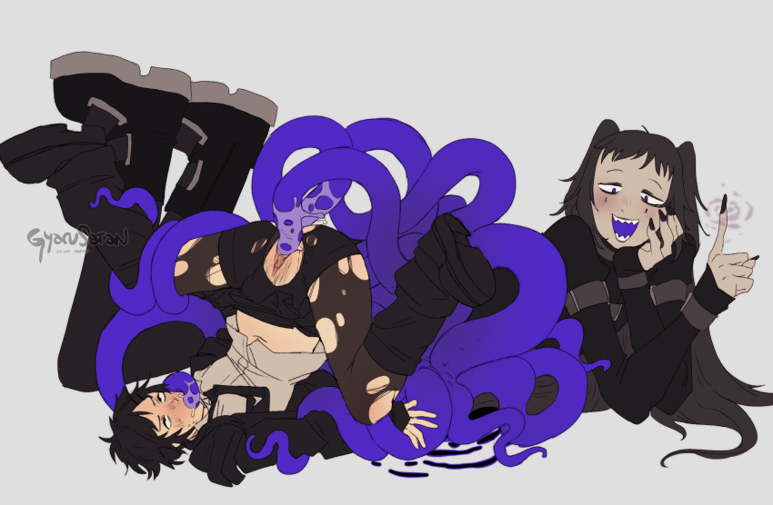 2boys beau_(gyarusatan) bent_legs black_hair blush cuntboy daniel_(gyarusatan) grey_background gyarusatan hi_res intersex long_hair lying lying_on_stomach male male_only nonbinary oral pantyhose penetration pubic_hair purple_tongue pussy sharp_teeth short_hair smile tentacle tentacle_in_mouth tentacle_in_pussy tentacle_rape tentacles_on_male torn_pantyhose transmasc twintails upside-down vaginal_penetration