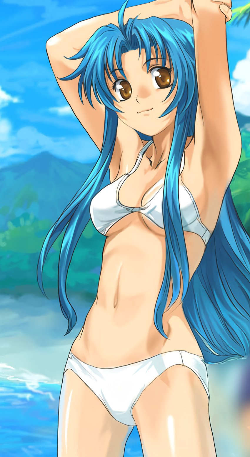 1girls armpits arms_behind_head beach bikini blue_hair breasts brown_eyes cleavage confident female female_only full_metal_panic highres kaname_chidori long_hair looking_at_viewer medium_breasts navel ocean pose posing sensual sexy_armpits smile solo swimsuit water