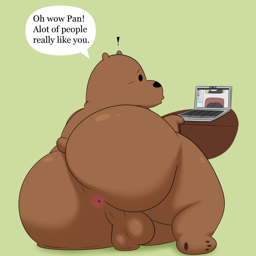 2023 absurd_res anthro anus ass backsack ball_squish balls bear big_balls big_butt brown_bear bubble_butt butt_squish cartoon_network colossalstars computer dialogue dot_eyes english_text exclamation_point eyebrows feet genitals green_background grizzly_(wbb) grizzly_bear hi_res huge_butt huge_thighs laptop lying male male_only mammal nude on_side overweight overweight_anthro overweight_male pawpads perineum rear_view screen shadow simple_background soles solo solo_male squish superchub text thick_thighs ursine we_bare_bears