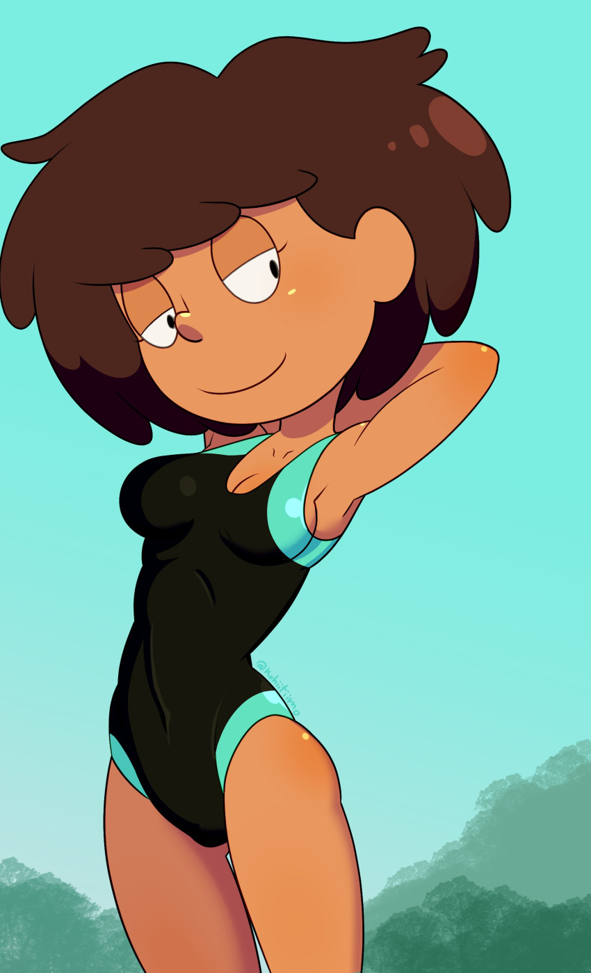 1girls amphibia anne_boonchuy armpits arms_behind_head brown_hair dark-skinned_female dark_skin disney female female_focus female_only kohiitiimo medium_breasts pose posing seductive seductive_smile sensual smile solo straight_hair swimsuit teenager