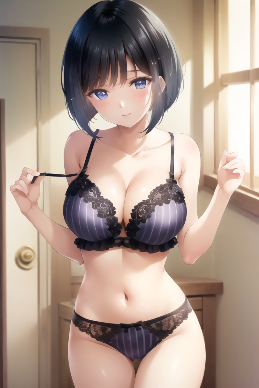 1girls ai_generated alternate_hair_color big_breasts black_hair blue_eyes blunt_bangs blush bob_cut bra bra_pull breasts busty cleavage daiya_no_esu embarrassed feet_out_of_frame female female_only indoors legs_together lingerie looking_at_viewer megami_no_kafeterasu midriff nai_diffusion ono_shiragiku panties removing_bra short_hair shy solo solo_focus stable_diffusion strap_pull strap_slip thigh_gap underwear undressing untied_bra