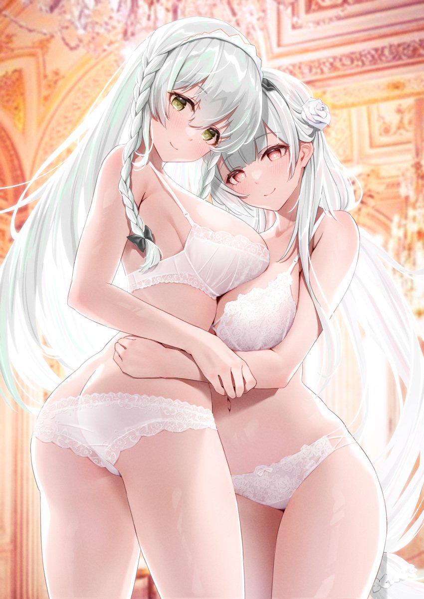 2girls ass azur_lane bare_shoulders belly_button blush bow bra braid breasts classic_(zildjian33) green_eyes hair_between_eyes hair_flower hair_ornament hairbow hermione_(azur_lane) lace lace-trimmed_bra lace-trimmed_panties light-skinned_female light_skin long_hair looking_at_viewer multiple_girls navel panties red_eyes royal_navy_(azur_lane) scylla_(azur_lane) smile symbol-shaped_pupils thighs twin_braids underwear white_hair