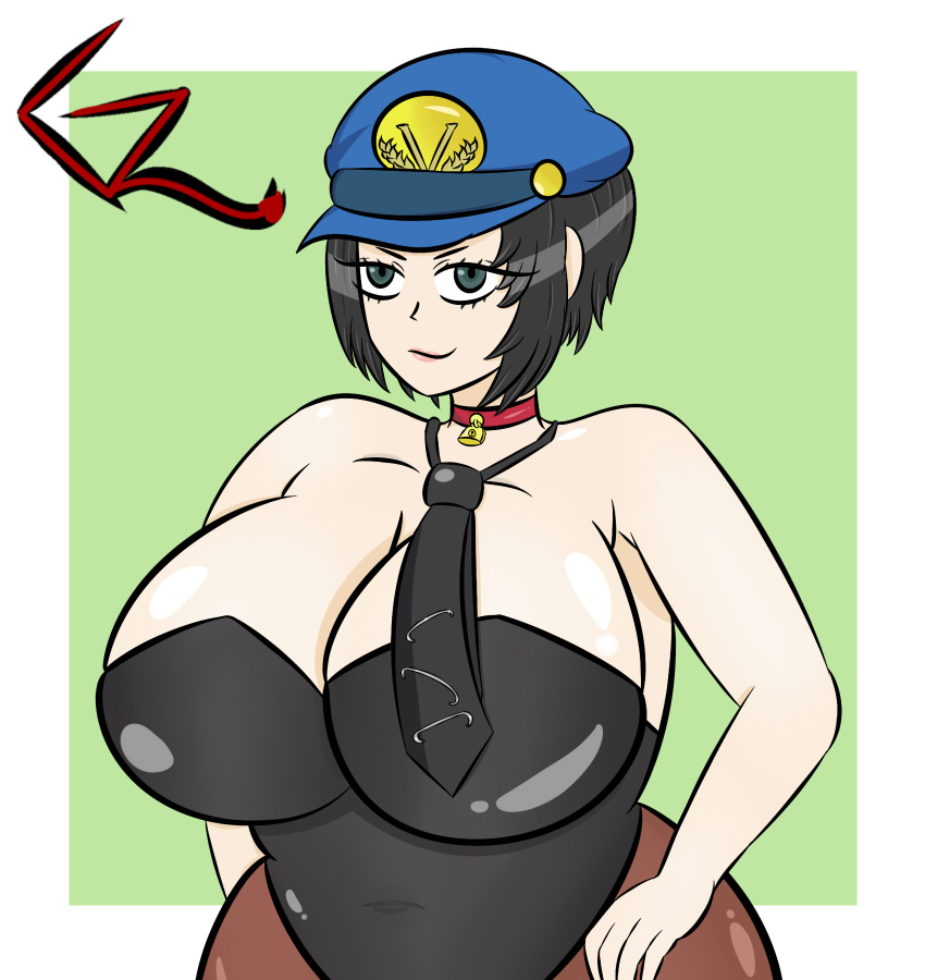 breasts breasts bunnysuit cap chubby chubby_female ghagalaz green_eyes huge_breasts huge_breasts marie_(persona_4) persona persona_4 persona_4_the_golden smirk smirking voluptuous voluptuous_female wide_hips