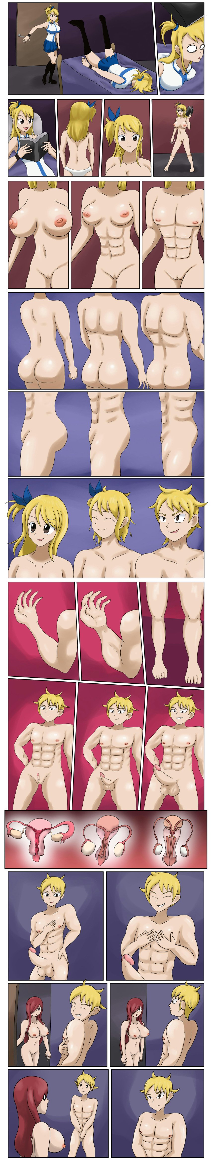 1boy 1girls ass back_muscles bedroom book breasts brown_pupils completely_naked completely_nude covering_crotch covering_penis erza_scarlet fairy_tail female ftm_transformation gender_transformation genderswap_(ftm) hand_on_chest hand_on_hip hand_on_pecs internal_view looking_at_another lucy_heartfilia male male_boobs masculinization muscular_male naked nipples nude pecs penis penis_growth red_hair thatfreakgivz transformation undressing undressing_self vagina yellow_hair