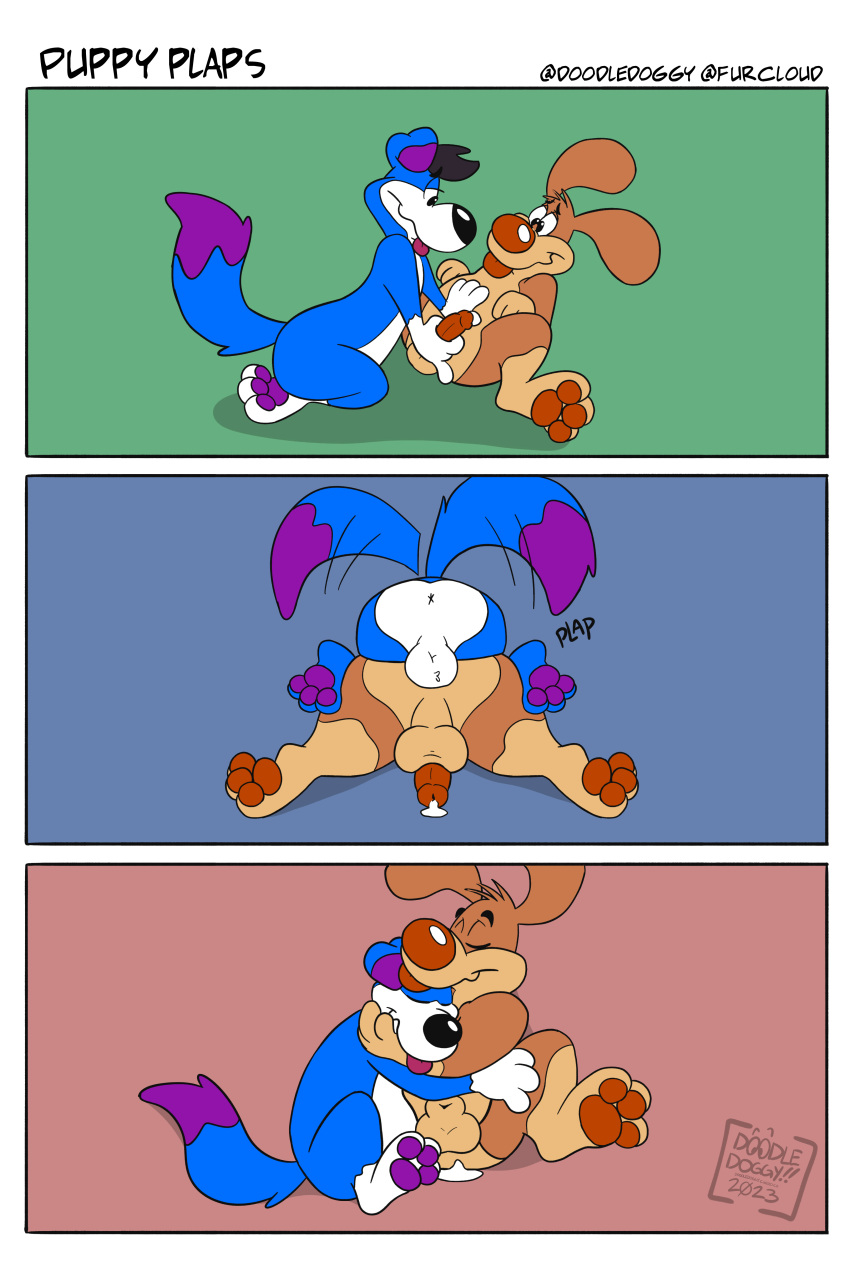 absurd_res blep blue_body blue_fur bodily_fluids canid canine canis comic cuddling cum domestic_dog doodle_(doodledoggy) doodledoggy fur genital_fluids genitals goo_creature hi_res leaking_anus leaking_cum leaking_precum male male/male mammal penis precum tail tail_motion tongue tongue_out toony