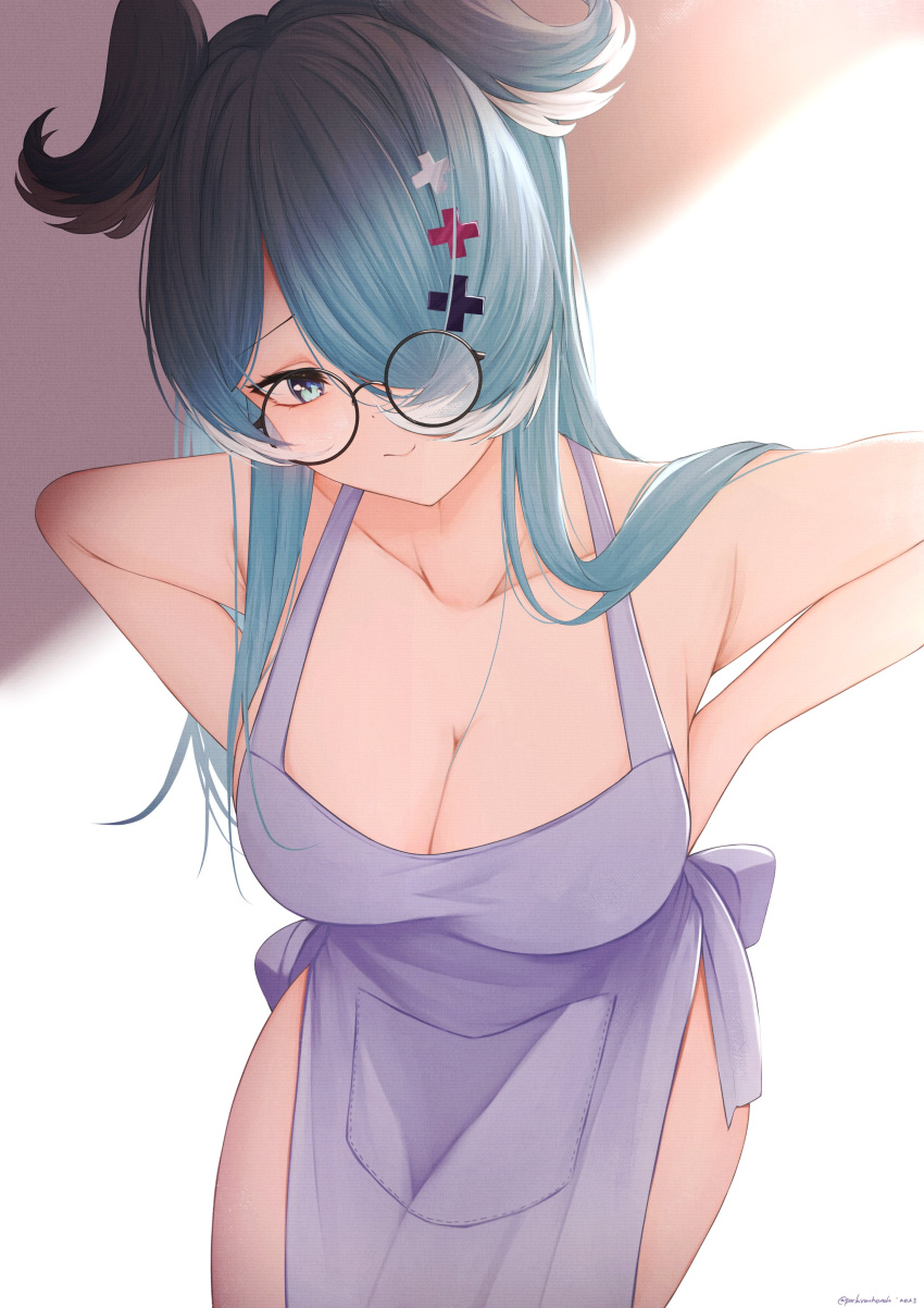 1girls apron apron_only bare_shoulders big_breasts blue_hair cleavage elira_pendora exposed_shoulders glasses hair_covering_eye hair_over_one_eye hair_wings head_wings hi_res highres large_breasts leaning_forward looking_at_viewer naked_apron nijisanji nijisanji_en one_eye_covered one_eye_obstructed parkiranhonda round_glasses solo solo_female solo_focus virtual_youtuber x_hair_ornament