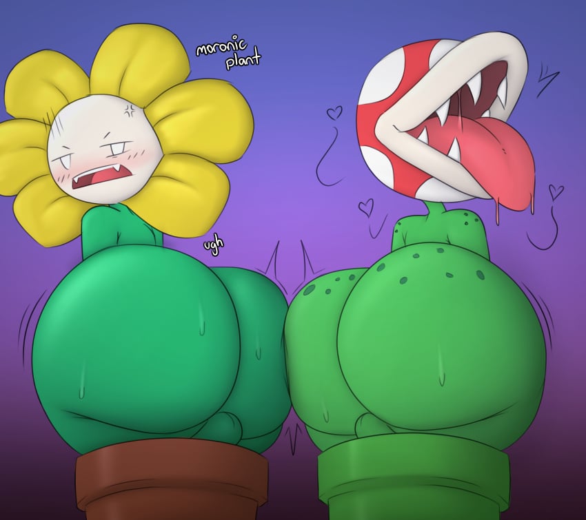 2boys anthro ass ass_focus backsack balls big_ass big_butt bodily_fluids butt chunknudies crossover digital_media_(artwork) duo elemental_creature elemental_humanoid english_text femboy flora_fauna flower flower_creature flowey_the_flower gay genitals green_body hi_res huge_butt humanoid humanoid_genitalia male male/male mario_(series) nintendo not_furry nude piranha_plant plant plant_humanoid plantie simple_background teeth text tongue tongue_out undertale undertale_(series)