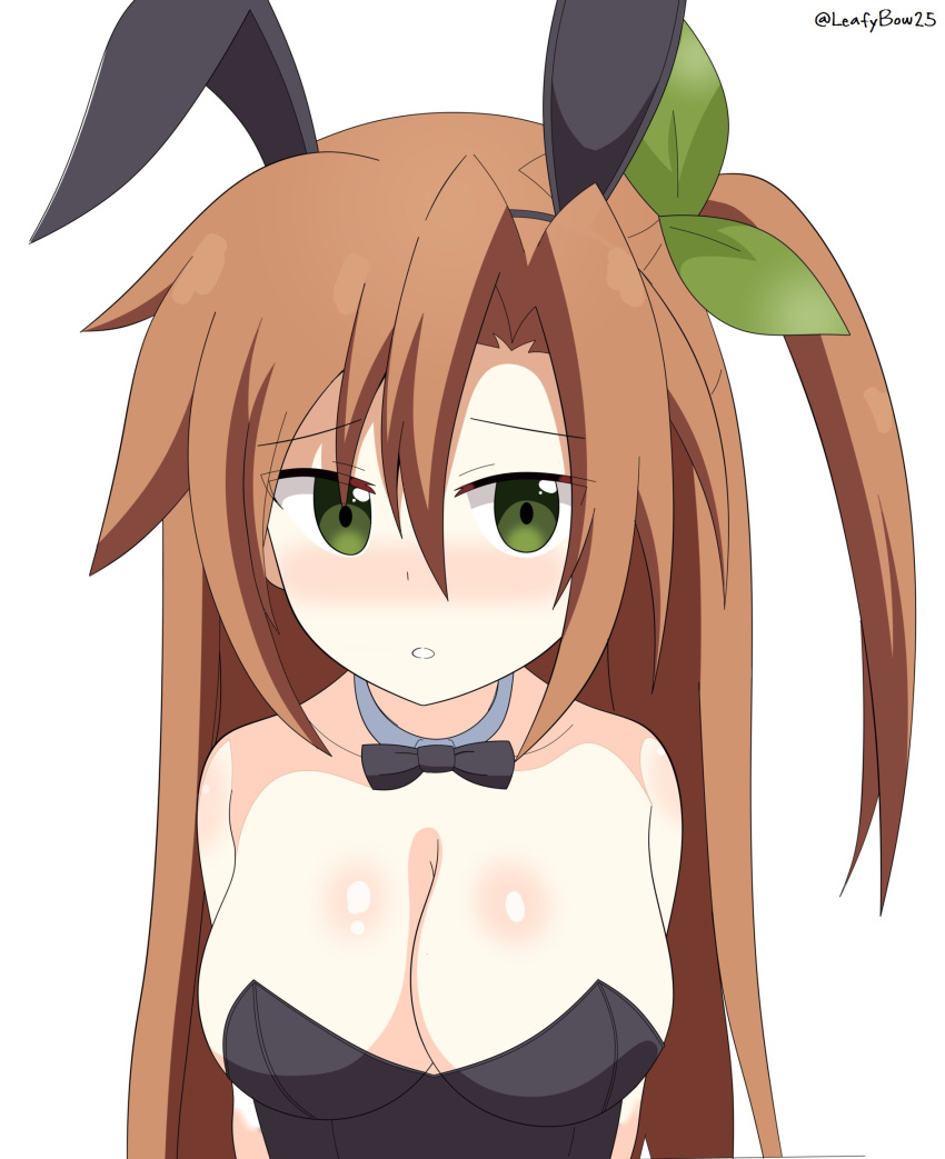 1girls alternate_breast_size arms_behind_back big_breasts blush breasts brown_hair busty cleavage female female_only green_eyes hair_ribbon highres if_(neptunia) large_breasts leafy_bow leotard long_hair neptunia_(series) playboy_bunny rabbit_ears ribbon side_ponytail solo voluptuous