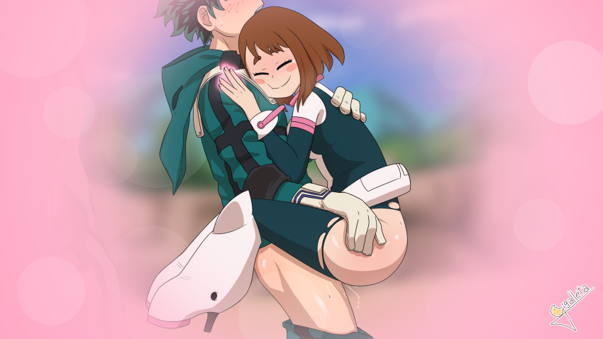 1boy 1girls ass blush gigalleta hero_outfit_(mha) hugging izuku_midoriya my_hero_academia ochako_uraraka ripped_clothing smile standing standing_sex vaginal_penetration wholesome