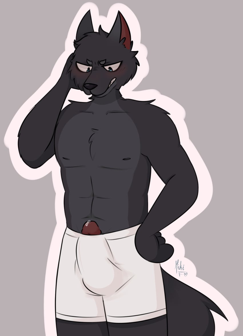 annoyed anthro black_body black_fur blue_eyes bodily_fluids boxers_(clothing) bulge canid canine canis clothing erection fan_character fangs fur genital_fluids hi_res male mammal mikifluffs precum solo teeth underwear wolf