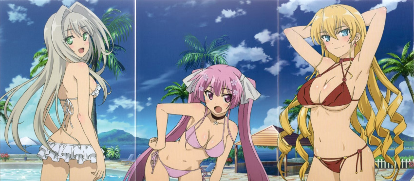 3girls alternate_hairstyle armpits arms_behind_head ass ass_cleavage big_ass big_breasts bikini blonde_hair blush breasts busty butt_crack claire_harvey cleavage confident drill_hair emilia_hermit female female_only green_eyes grey_hair hair_ribbon hand_on_hip highres hundred kirishima_sakura_(hundred) large_breasts leaning_forward legs long_hair looking_at_viewer looking_back medium_breasts multiple_girls navel official_art open_mouth pink_bikini pink_eyes pink_hair pool pose posing red_bikini ribbon seductive seductive_smile sensual sexy_armpits sideboob small_breasts smile stitched swimsuit thighs third-party_edit twintails very_long_hair voluptuous water