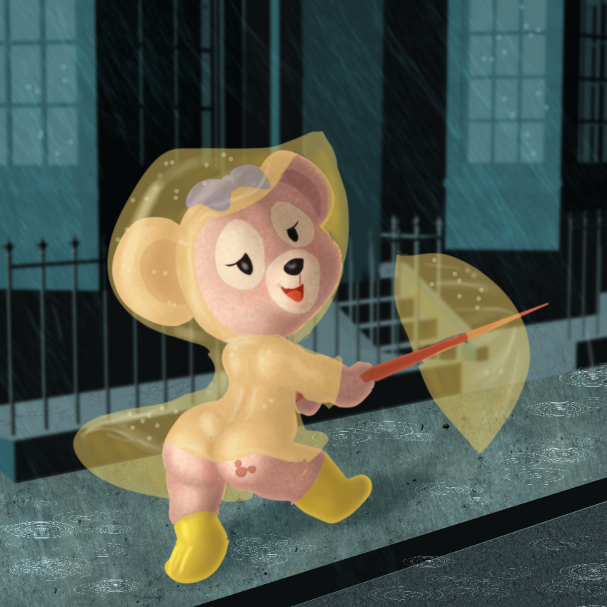 ass bear big_ass big_butt clothed clothing cub disney duffy_and_friends female footwear looking_at_viewer looking_back mousetache open_mouth outerwear pink_body pink_fur public raincoat see-through see-through_clothing shelliemay smile smiling smiling_at_viewer transparent_clothing umbrella ursid