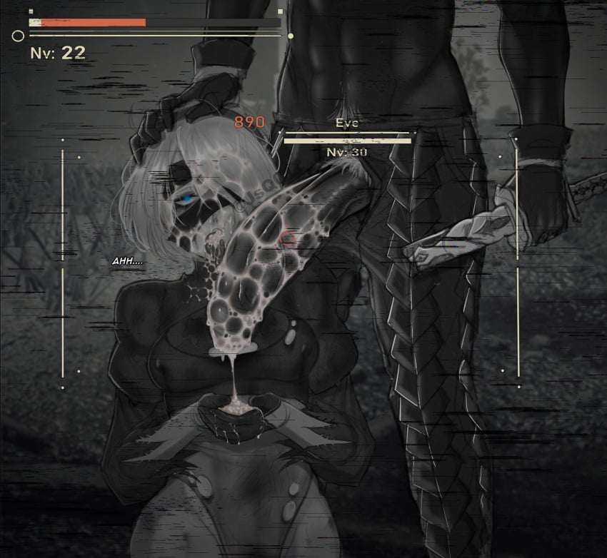 1boy 1girls ahe_gao ahegao artist_name blindfold broken_rape_victim cum cum_in_mouth cum_on_face damage_numbers dark-skinned_male defeated defeated_heroine erection eve_(nier_automata) female female_focus foreskin fucked_silly gameplay_mechanics health_bar hud huge_cock human intact interracial jsq012 male male_pubic_hair mind_break mindbreak monochrome nier:_automata nier_(series) partial_male partially_retracted_foreskin penis penis_on_face rape short_hair straight text uncut veiny_penis yorha_2b