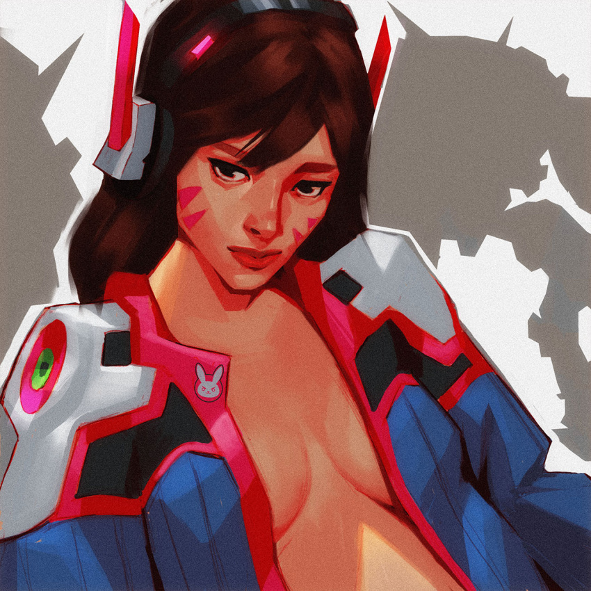 1girls bodysuit breasts cleavage d.va kriminal long_hair open_clothes overwatch portrait realistic solo