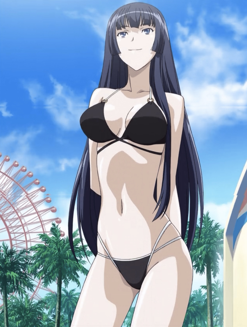 1girls accurate_art_style arms_behind_back big_breasts bikini black_bikini black_hair blue_eyes blunt_bangs breasts busty cleavage day female female_only highres hime_cut kampfer large_breasts long_hair navel sangou_shizuku screencap smile solo stitched swimsuit third-party_edit voluptuous