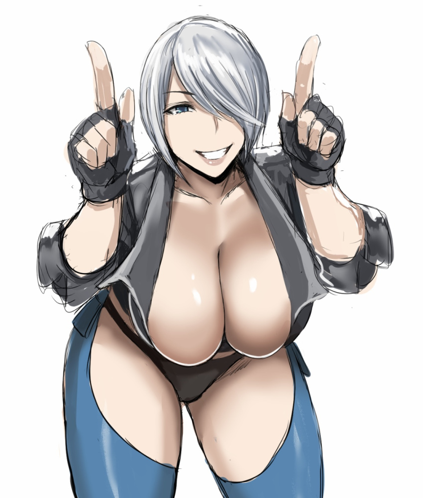 1girls angel_(kof) big_breasts blue_eyes bra breasts busty cleavage female female_only fingerless_gloves gloves grey_hair grin hair_over_one_eye highres index_fingers_raised king_of_fighters large_breasts leaning_forward legs looking_at_viewer midriff navel pose posing sensual short_hair smile snk solo strapless strapless_bra thighs underwear voluptuous