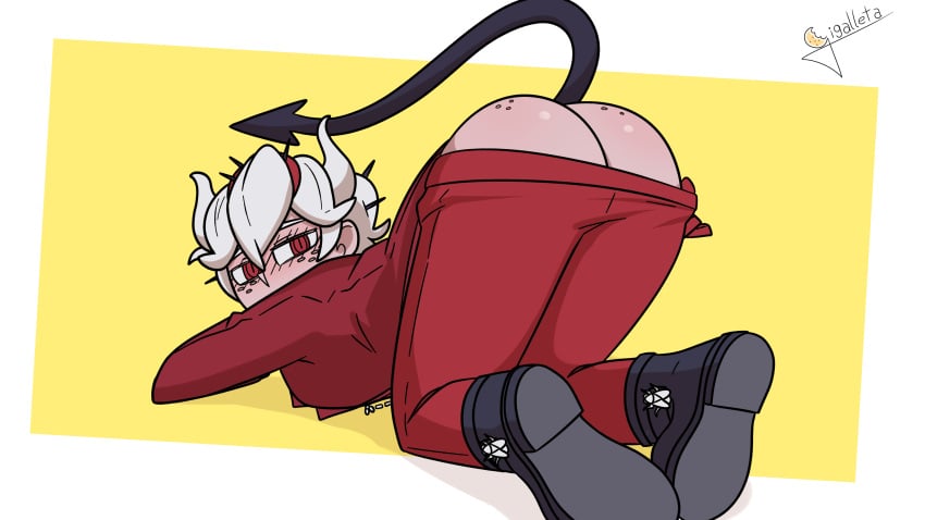 ass ass_freckles ass_up beelzebub_(helltaker) blush demon demon_girl demon_horns demon_tail face_down_ass_up female freckles gigalleta helltaker horns looking_back presenting_hindquarters red_eyes tail top-down_bottom-up white_hair