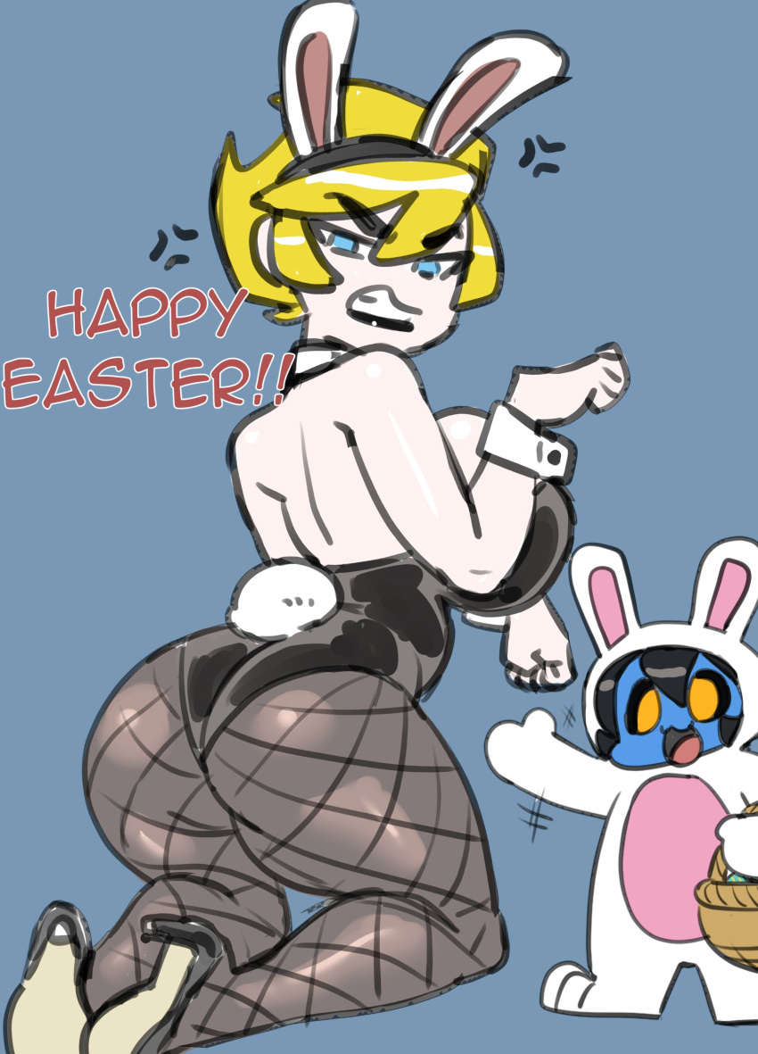 1boy 1girls ass big_ass black_hair blonde_hair blue_eyes blue_skin bunny_ears bunnysuit cartoon_network darkeros13 dialogue easter fat_ass female fishnets headband large_ass large_breasts light-skinned_female light_skin looking_at_viewer looking_back mandy mandy_(billy_and_mandy) short_hair text the_grim_adventures_of_billy_and_mandy yellow_eyes