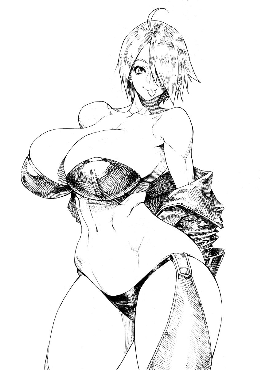 1girls angel_(kof) big_breasts bonten bra breasts busty cleavage female_only hair_over_one_eye highres huge_breasts king_of_fighters legs looking_at_viewer midriff navel short_hair smile snk solo strapless strapless_bra thick_thighs thighs toned tongue tongue_out underwear undressing voluptuous