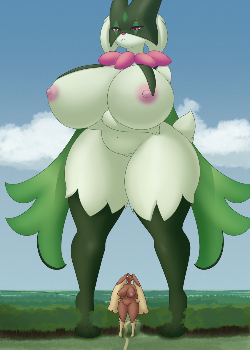 absurd_res anthro belly big_breasts breasts duo female genitals giantess hi_res huge_breasts lopunny macro meowscarada nintendo nipples pokémon_(species) pokemon pokemon_(species) pokemon_sv pussy r-rova size_difference size_play thick_thighs wide_hips