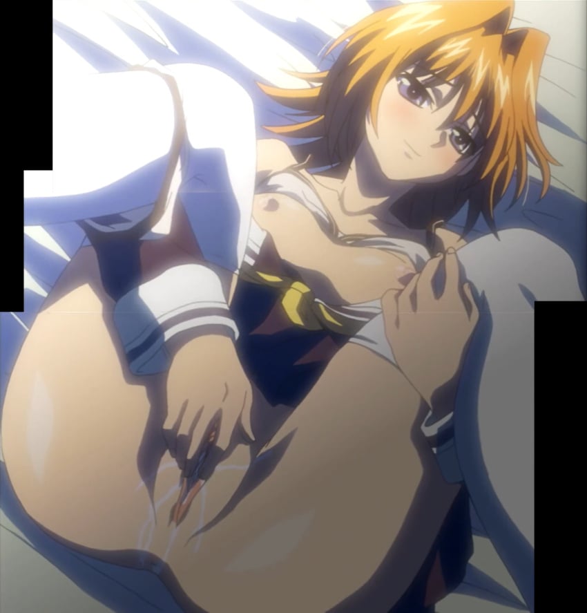 1girls accurate_art_style aneimo anus blue_eyes blush bra bra_lift breasts come_hither female female_only highres inviting inviting_to_sex kirishima_satsuki leg_grab legs looking_at_viewer medium_breasts milky_(company) nipples orange_hair panties_around_leg presenting pussy pussy_juice school_uniform screencap screenshot short_hair smile solo spread_legs stitched thighs third-party_edit uncensored underwear white_bra