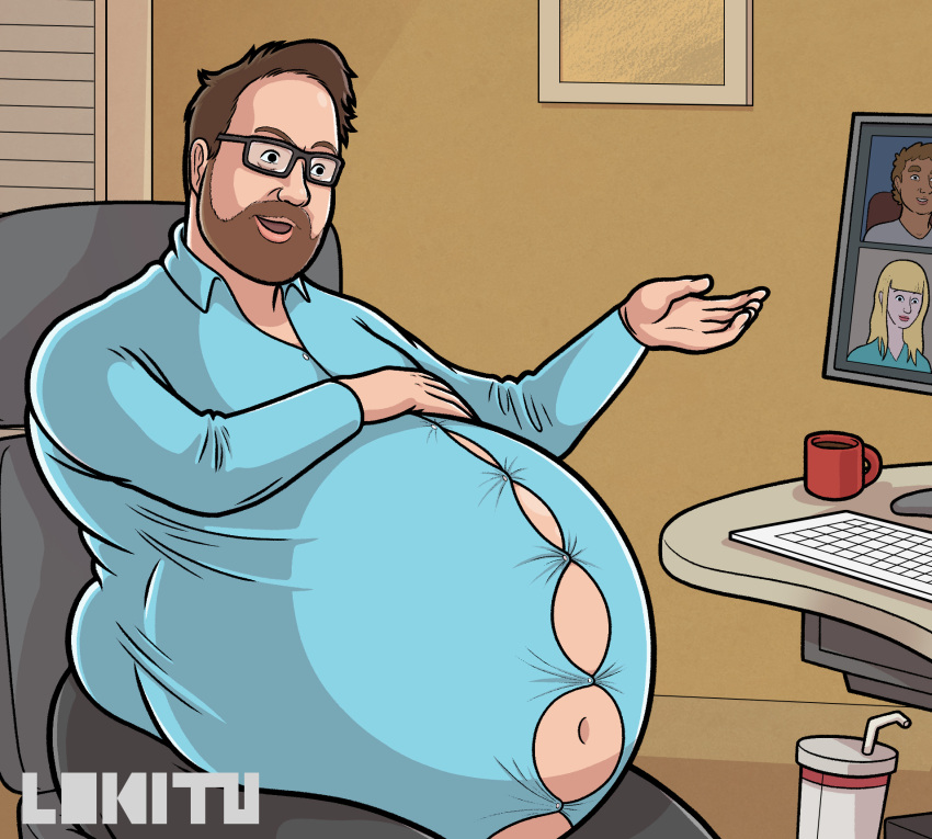 beard belly_button big_belly brown_hair computer glasses huge_belly lokitu male_only overweight overweight_male straining_buttons tight_clothing tight_shirt zoom_(software)