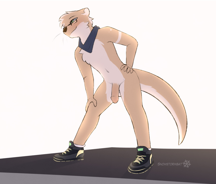 adrian_(snowstormbat) anthro balls bandana blush casual_nudity clothing eyewear footwear footwear_only genitals girly glasses hi_res kerchief male mammal mostly_nude mustelid nude otter penis shoes shoes_only simple_background snowstormbat socks standing stretching