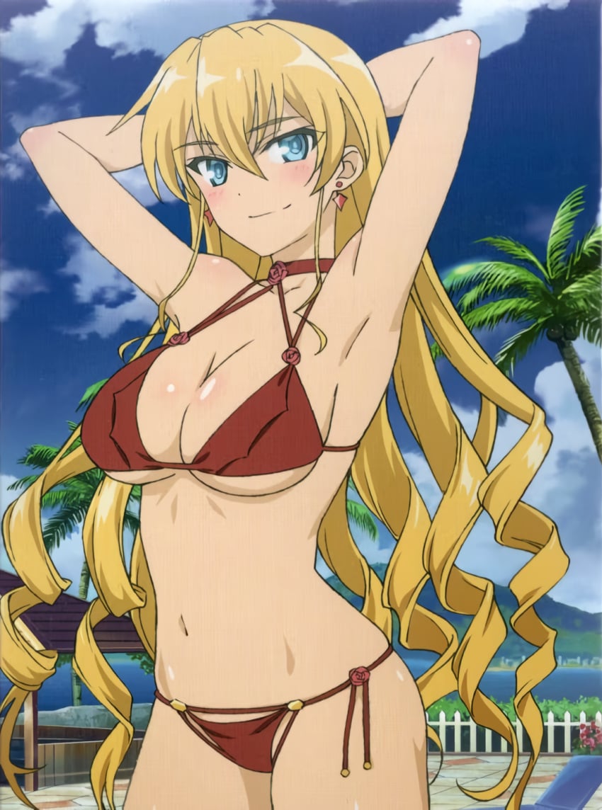 1girls alternate_hairstyle armpits arms_behind_head big_breasts bikini blonde_hair blush breasts busty claire_harvey cleavage confident drill_hair female female_only highres hundred large_breasts legs long_hair looking_at_viewer navel official_art pose posing red_bikini seductive seductive_smile sensual sexy_armpits smile swimsuit thighs very_long_hair voluptuous