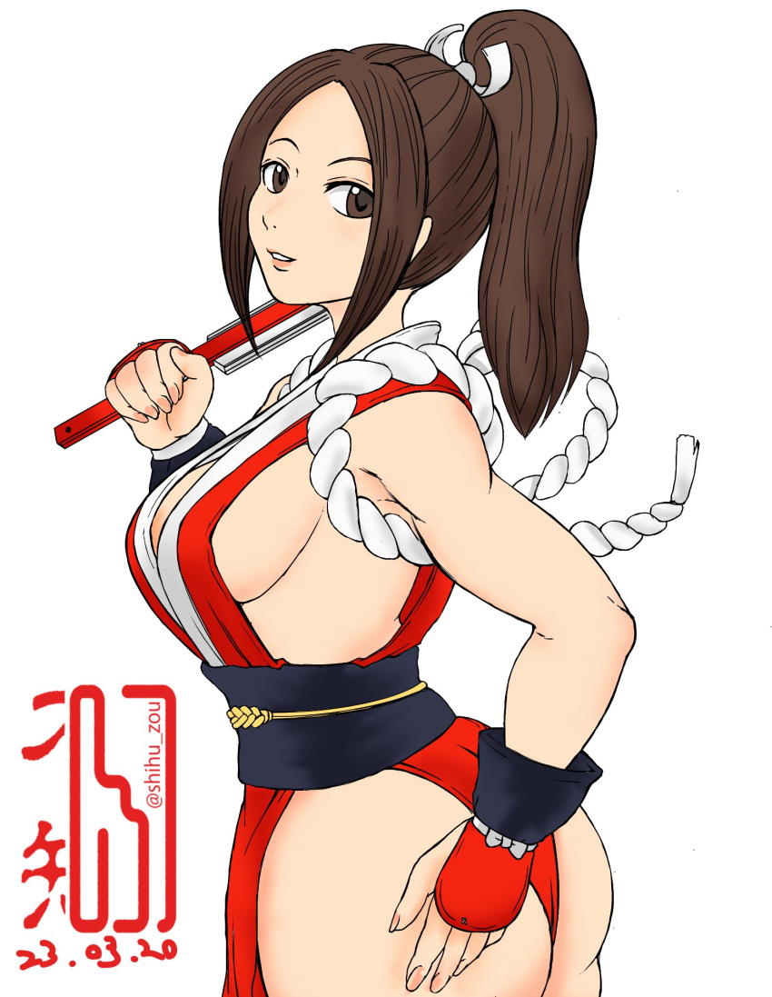 1girls ass big_ass big_breasts breasts brown_eyes brown_hair busty fan fatal_fury female female_only fingerless_gloves gloves hand_on_ass hand_on_own_ass highres huge_ass king_of_fighters large_breasts legs leotard long_hair looking_at_viewer mai_shiranui parted_lips pink_lips ponytail pose posing sensual shihu_zou sideboob smile snk solo thick_thighs thighs thong_leotard voluptuous