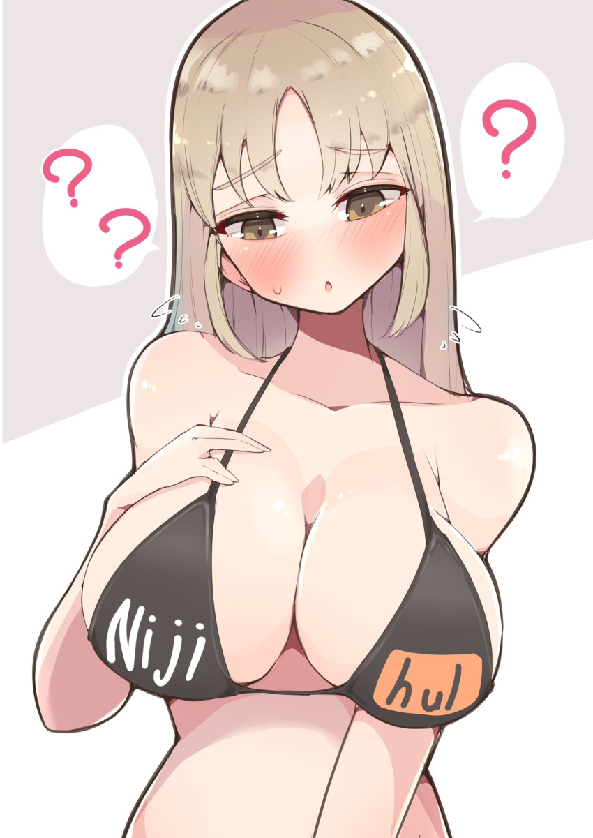 1girls :o ? armpits big_breasts bikini bikini_top black_bikini black_bikini_top black_swimsuit blonde_hair blush blush_lines blushing_at_viewer cleavage cleavage_overflow collarbone confused confusion eyebrows eyebrows_visible_through_hair eyelashes female female_only hair_between_eyes hand_on_breast head_tilt large_breasts long_hair looking_at_viewer looking_down nijihub nijisanji pornhub_bra simple_background sister_claire sister_cleaire standing straight_hair swimsuit text text_bubble uedazirousan upper_body upper_body_focus virtual_youtuber white_background worried