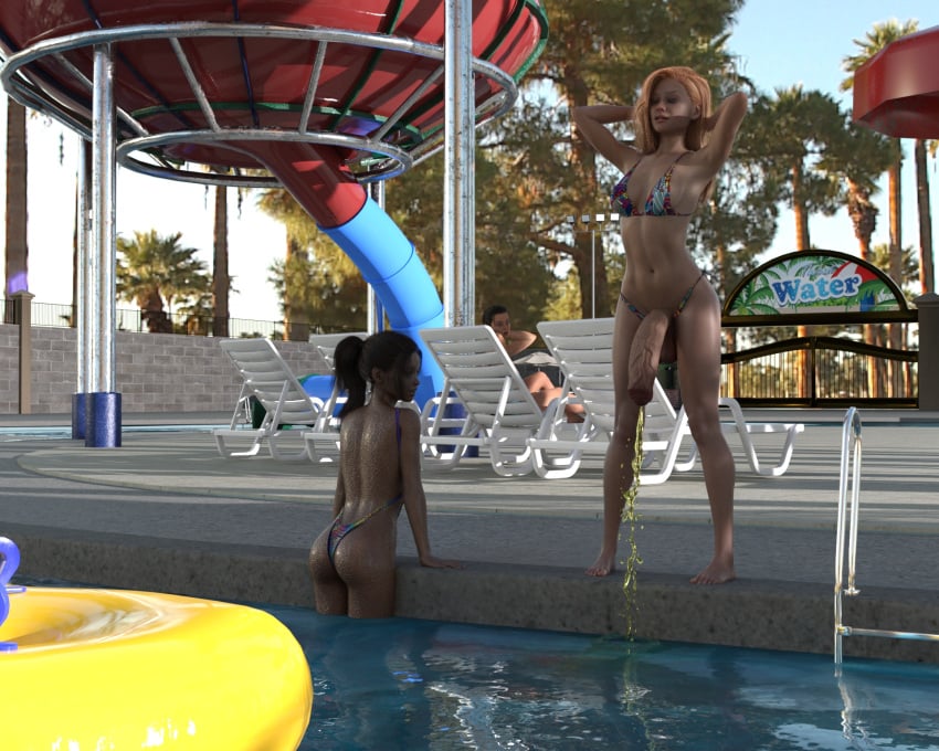 1futa 2girls 3d 3d_(artwork) 3girls black_hair daz3d daz_studio futanari peeing peeing_in_pool peeing_in_water ponytail public public_exposure public_nudity shocked shocked_expression swimsuit swimwear swimwear_aside swimwear_pull urine waterpark watersports wet wet_body wet_clothes wet_hair wet_skin wrecked3d