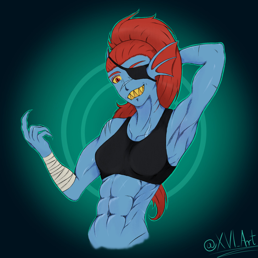 1girls abs arm_behind_head arms_up athletic athletic_female bandage bandaged_arm belly_button biceps black_bra blue_body blue_skin bra breasts breasts claws eyepatch fangs fish_girl fit_female long_hair medium_breasts midriff monster_girl one_eye_covered ponytail red_eyes red_hair scar_on_face scars showing_armpits signature simple_background smiling solo_female tied_hair undertale undertale_(series) undyne xvi yellow_sclera