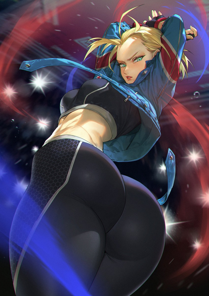 1girls arms_behind_head arms_up ass bare_shoulders black_gloves black_pants black_sports_bra blonde_hair blue_eyes blue_jacket blush breasts cammy_white dat_ass facial_scar female female_only fingerless_gloves fully_clothed gloves highres huge_ass jacket large_breasts looking_at_viewer looking_back mhk_(mechamania) open_clothes open_jacket pants scar scar_on_cheek scar_on_face short_hair solo sports_bra straight_hair street_fighter street_fighter_6 thick_thighs thighs tight tight_pants toned wide_hips