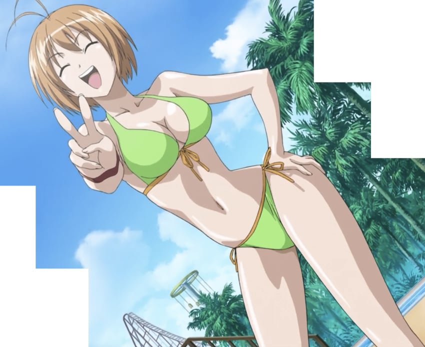 1girls accurate_art_style amusement_park antenna_hair big_breasts bikini breasts busty cleavage closed_eyes cloud confident day female female_only front-tie_top green_bikini hand_on_hip happy highres kampfer kondou_mikoto large_breasts legs navel open_mouth pose posing screencap short_hair side-tie_bikini_bottom sky smile solo stitched swimsuit thighs third-party_edit tree v voluptuous