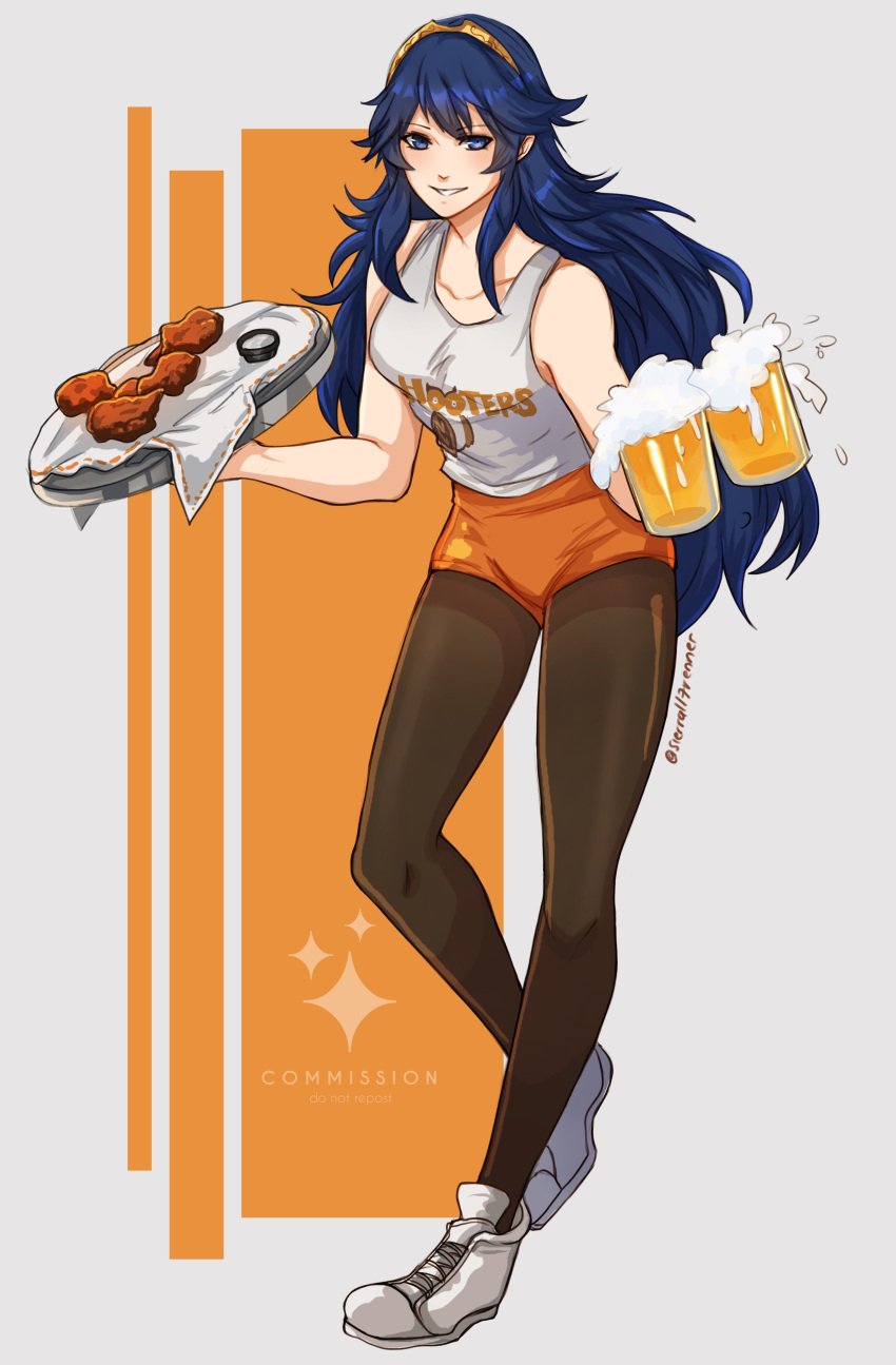 1girls absurdres alcohol alternate_costume beer beer_mug black_pantyhose blue_eyes blue_hair chicken_(food) clothes_writing commentary cup female female_only fire_emblem fire_emblem_awakening food grey_background grin highres holding holding_tray hooters legs long_hair looking_at_viewer lucina_(fire_emblem) mug nintendo orange_shorts pantyhose pantyhose_under_shorts shoes short_shorts shorts sierra117renner simple_background smile sneakers solo tank_top thighs tiara tray very_long_hair waitress white_footwear white_tank_top