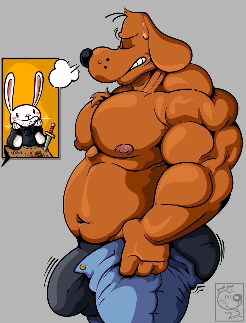 2023 absurd_res anthro ass barazoku belly biceps big_belly big_bulge big_butt big_muscles big_pecs blush bodily_fluids bottomwear bottomwear_pull breath bulge canid canine canis clenched_teeth closed_eyes clothed clothing clothing_pull dagger deltoids denim denim_clothing dialogue_box dogmanart domestic_dog dot_eyes duo fingerless_gloves fur gloves grey_background handwear hi_res huge_bulge huge_muscles jeans lagomorph male mammal map max_(sam_and_max) melee_weapon meme motion_lines musclegut muscular muscular_anthro muscular_male navel nipples offscreen_character pants pants_pull pecs pictographics sam_and_max samuel_dog shirt simple_background smile solo_focus standing sweat sweatdrop teeth thick_thighs tight_pants_(meme) topless topless_anthro topless_male topwear tuft underwear watermark weapon