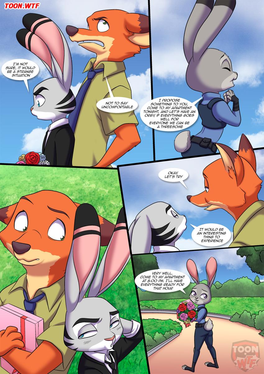 1girls 2boys a_fun_threesome_(comic) anthro bbmbbf clothing comic disney female fox fur furry jack_savage judy_hopps male nick_wilde palcomix rabbit zootopia