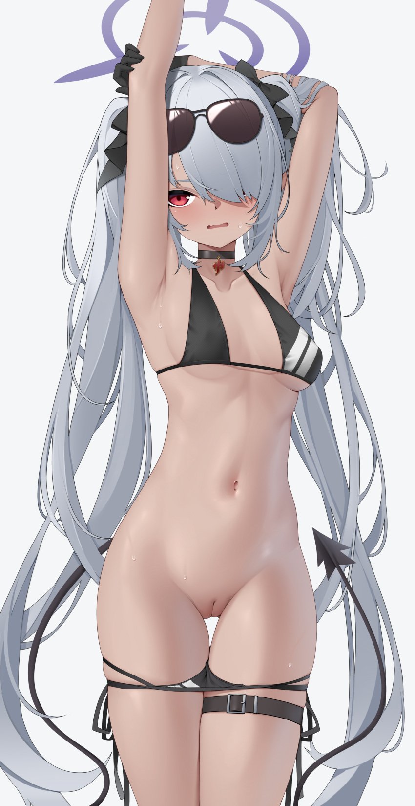 absurdly_long_hair absurdres arms_up bikini_bottom_pull bikini_pull black_choker black_gloves blue_archive breasts choker clothes_pull demon_tail eyewear_on_head female gehenna_academy_student gloves grey_hair hair_over_one_eye halo highres holding_own_arm iori_(blue_archive) iori_(swimsuit)_(blue_archive) long_hair navel prefect_team_(blue_archive) pussy red_eyes simple_background small_breasts solo stomach sunglasses sweat tail tan thigh_gap twintails uncensored very_long_hair white_background z.taiga