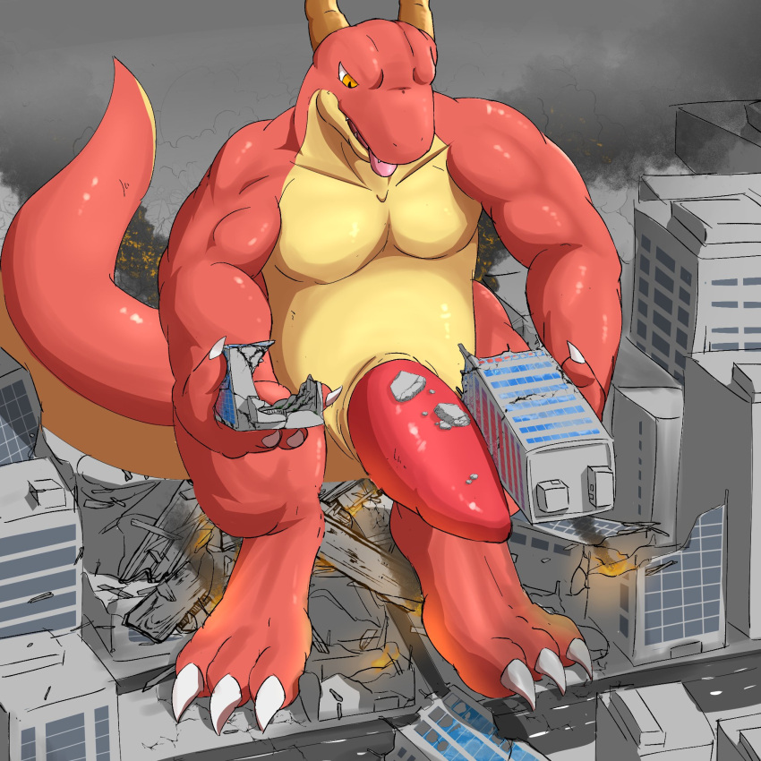 1:1 3_toes animal_genitalia animal_penis anthro biceps big_penis biped city city_destruction claws comparing comparing_penis destroyed_building destruction dragon erection feet finger_claws fire genitals hi_res holding_building horn huge_cock hyper hyper_genitalia hyper_penis looking_at_genitalia looking_at_penis looking_down looking_down_at_penis macro male mfive_(artist) penis solo tail thick_penis toe_claws toes tongue tongue_out