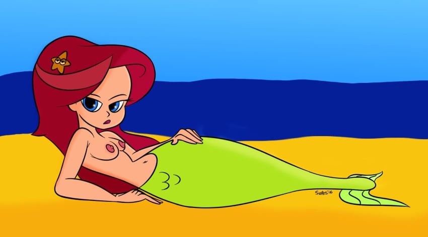 beach breasts green_tail looking_at_viewer marina_(zig_and_sharko) merfolk mermaid mermaid_tail naked nude red_hairband zig_and_sharko