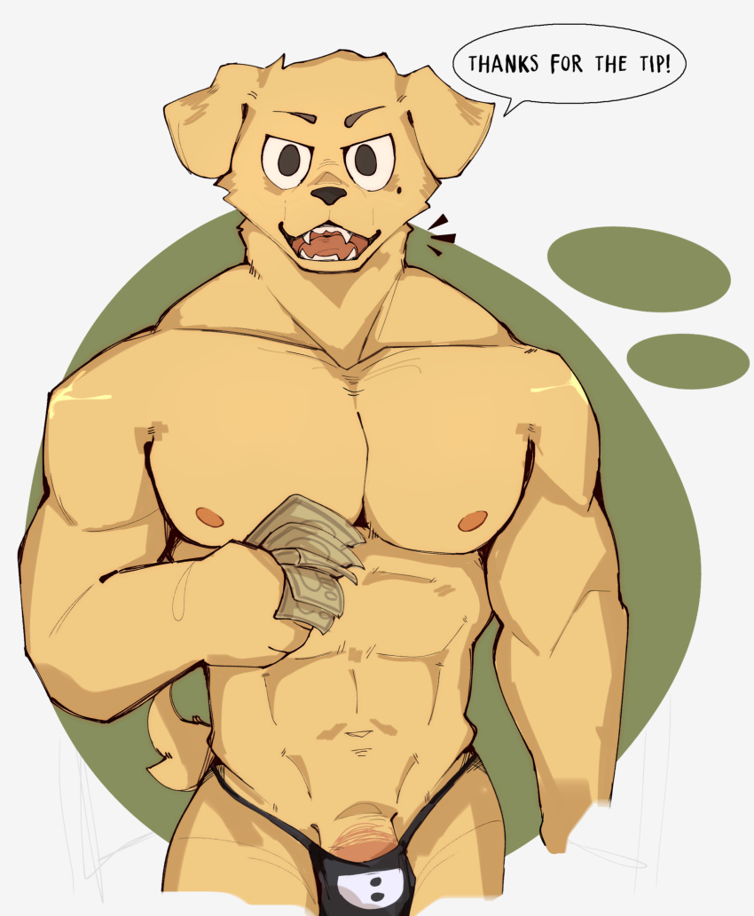 abs absurd_res anthro barely_visible_genitalia barely_visible_penis beastars canid canine canis clothing domestic_dog genitals hi_res jack_(beastars) leborkss male male/male mammal muscular muscular_anthro muscular_male pecs penis solo speech_bubble stripper thong underwear