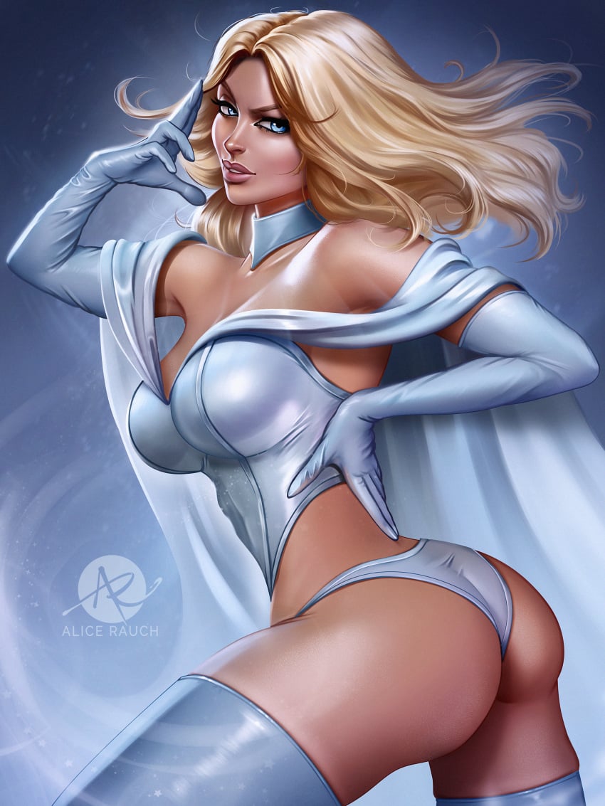 alice_rauch ass big_ass blonde_hair blue_eyes breasts bubble_butt cape curvy curvy_female dat_ass elbow_gloves emma_frost female female_only giant_breasts hourglass_figure looking_at_viewer looking_back marvel marvel_comics tanned tanned_female tanned_skin thick_thighs thighhighs thong thong_panties white_queen x-men