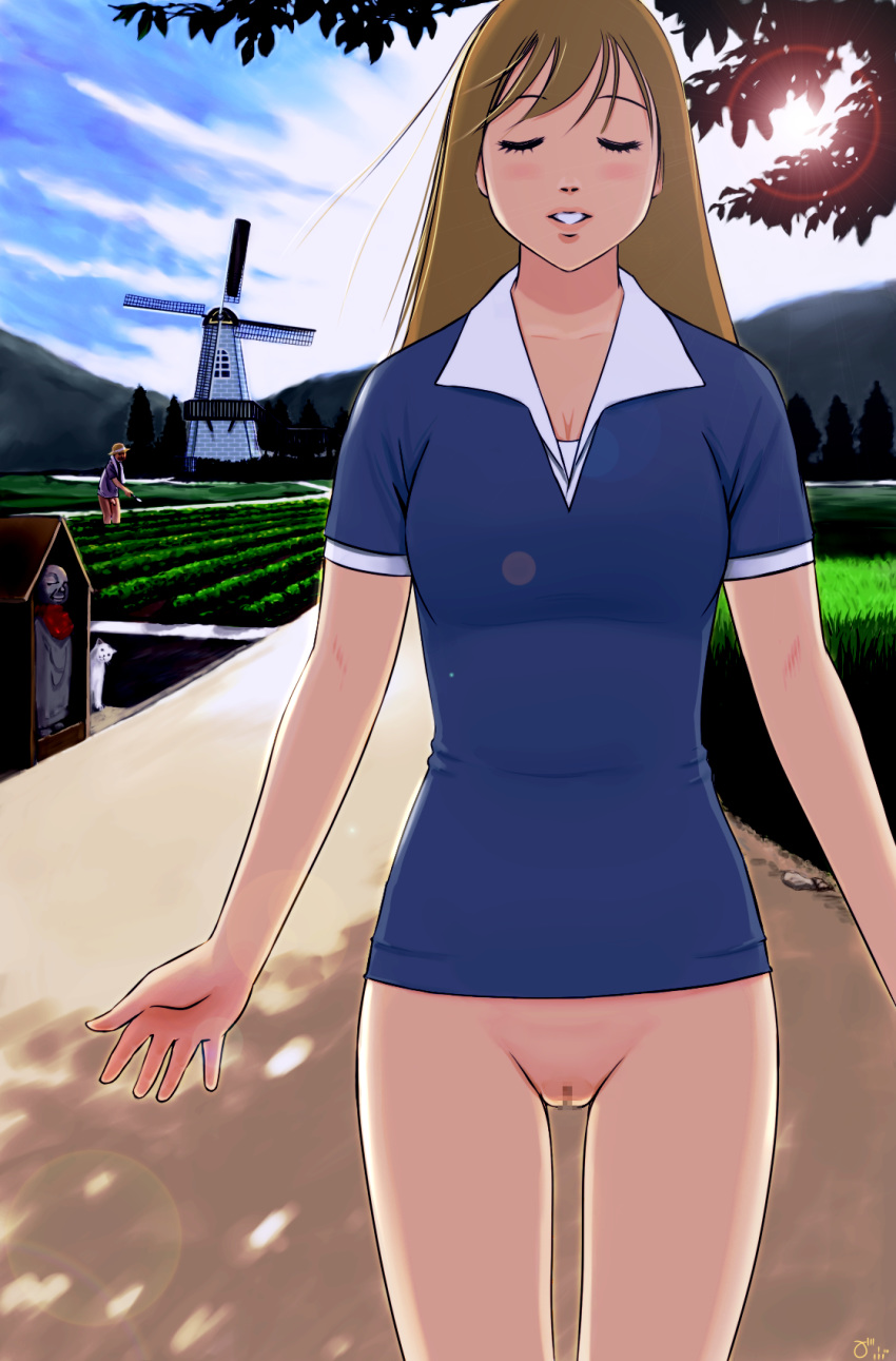 bottomless censored closed_eyes farmer feline field gabu_(artist) hat highres jizou lens_flare long_hair mosaic_censoring original penis public_nudity pussy sky solo windmill zenra